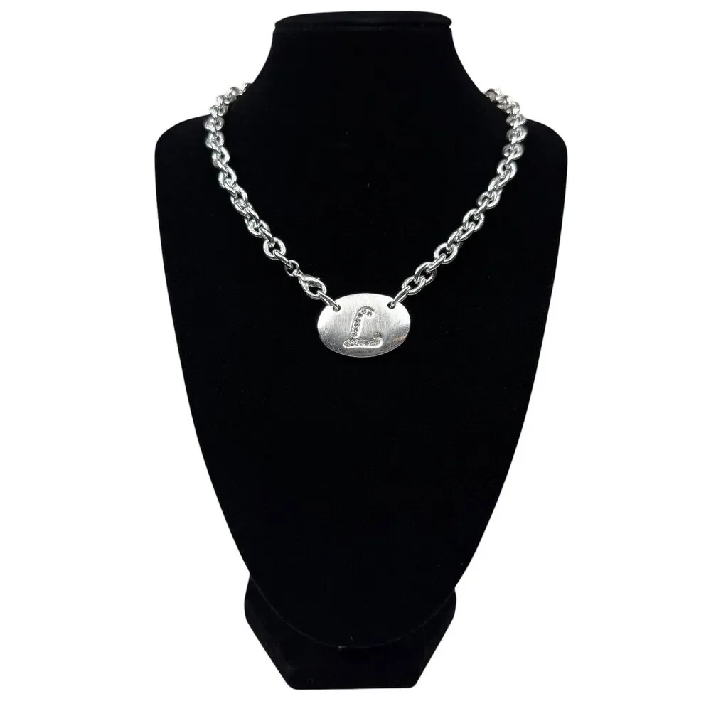 Chunky Silver Tone Initial L Pendant CollarNecklace Clear Rhinestone Jewelry 15
